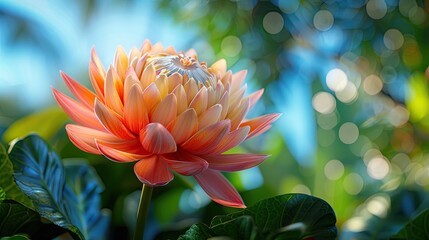 Fototapeta premium A close-up of a vibrant orange lotus flower in full bloom, set against a blurred green and blue background with bokeh effect