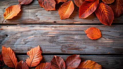 Autumn leaves scattered on a rustic wooden surface, creating a natural frame