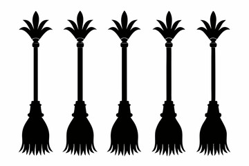 Witch brooms. Set of black silhouettes of brooms isolated on a white background. Vector illustration