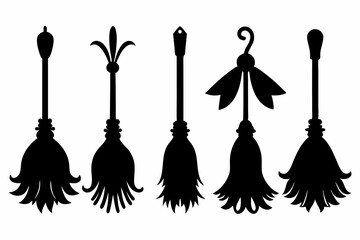Witch brooms. Set of black silhouettes of brooms isolated on a white background. Vector illustration