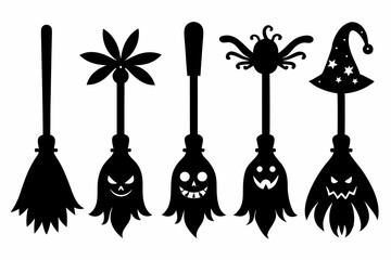 Witch brooms. Set of black silhouettes of brooms isolated on a white background. Vector illustration