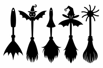 Witch brooms. Set of black silhouettes of brooms isolated on a white background. Vector illustration