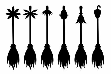 Witch brooms. Set of black silhouettes of brooms isolated on a white background. Vector illustration