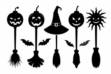 Witch brooms. Set of black silhouettes of brooms isolated on a white background. Vector illustration