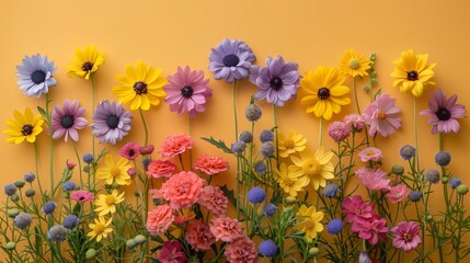Row of vibrant, colorful flowers with long green stems is blooming against a cheerful yellow background, showcasing the beauty of nature in a fresh garden setting