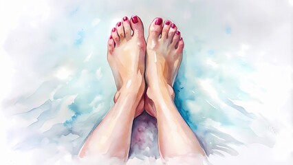 Soft, glowing skin and perfectly polished toenails on beautifully shaped legs, against a pristine white background, evoke a sense of relaxation and luxurious spa pampering.