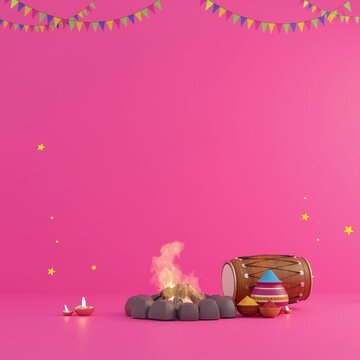 Happy Holika Dahan (Burning Holika, the devil) Festival. 3d render in pink background