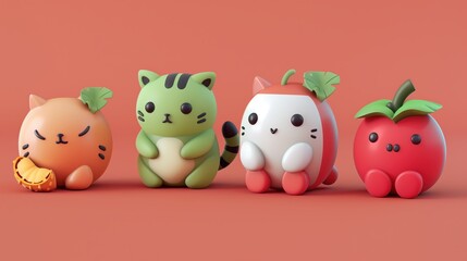 Cute 3D Fruit Cat Characters, Orange, Green, Red Apple, and White Cat