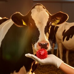 Virus in human hand and a cattle, cow. H5N1 bird flu in cattles concept. bird flu is causing outbreaks in poultry and dairy cows