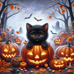 A cute black kitten sitting inside a carved pumpkin, surrounded by Halloween decorations including more pumpkins, ghosts, bats, and autumn leaves, creating a festive scene.