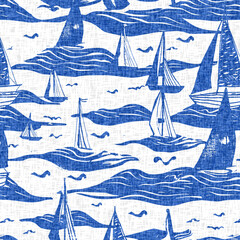 Coastal sail boat in azure ocean blue seamless background. Modern sailing race boat block print for decorative coast interior furnishing fabric for rustic linen beach cottage trend. 