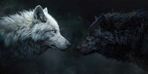 Two wolves, one white and one black, standing face-to-face