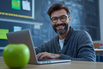 The beautiful person with a well-groomed beard and wearing eyeglasses is smiling and typing on a laptop next to a green apple on a desk in a classroom setting.