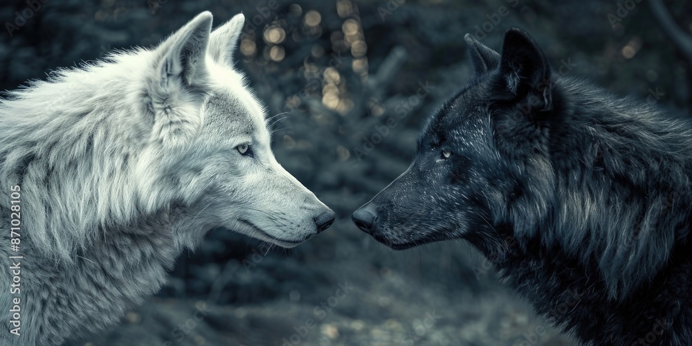 Poster two wolves stand facing each other in a natural setting
