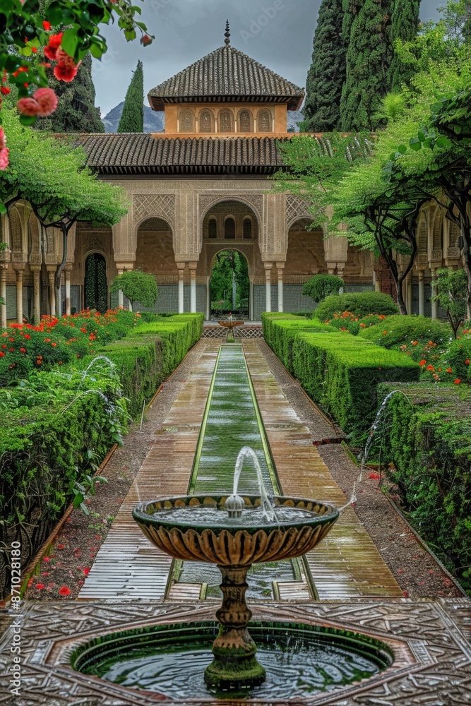 Poster a serene scene of a fountain surrounded by lush greenery, with a historic building visible in the ba
