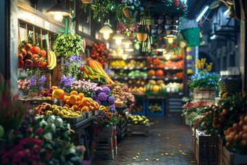A vibrant marketplace filled with fresh produce, flowers, and local goods on display. Hyper realistic. Shot with canon 5d Mark III --ar 3:2 --style raw Job ID: bbb35732-9199-4a6a-888c-2120d9196a58