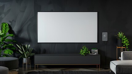 Interior of modern living room with black and white walls, wooden floor, black sofa with gray armchair and vertical mock up poster