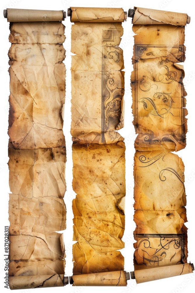 Poster A collection of ancient scrolls placed on a clean white surface, ideal for history or literature-themed projects