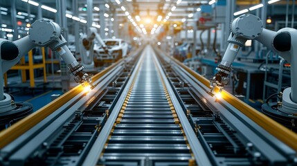 A vibrant, detailed image of a car assembly line with robotic arms installing parts, representing the advanced automation in the automotive industry. , Minimalism,