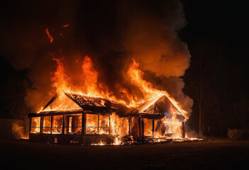 A house is completely engulfed in flames, with thick smoke billowing into the night sky