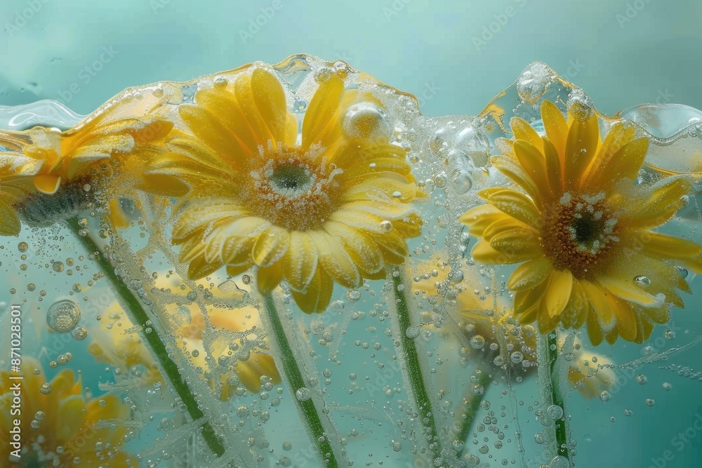Poster group of yellow flowers floating on the surface of a pool of water, suitable for use in still life o