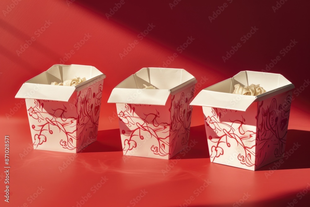 Aufkleber three paper boxes with unique designs on a bright red background