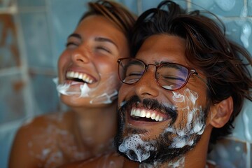 The beautiful couple is smiling and laughing as they apply cream in the bathroom, with the man wearing eyeglasses and a well-groomed beard.