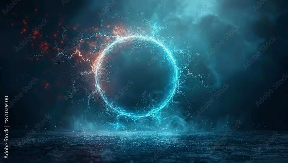 Poster a blue circle with red and orange sparks surrounding it by ai generated image