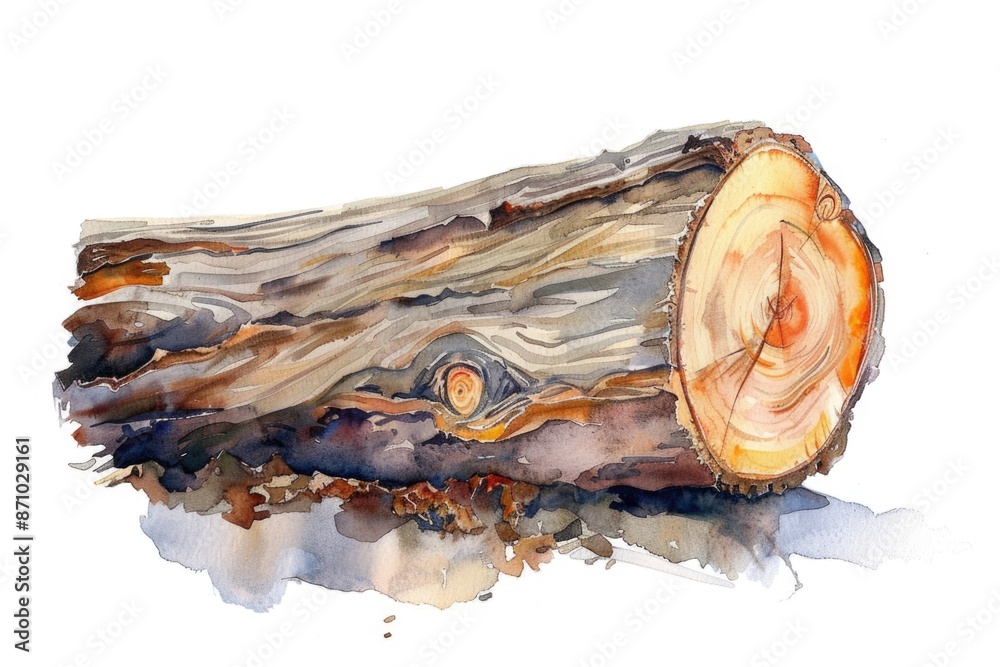 Poster a watercolor painting of a single log on a plain white background
