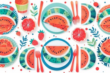 A vibrant watermelon-themed table setting with colorful plates, napkins, and decorations. Illustration on a clear white background --ar 3:2 --style raw Job ID: 18eddd22-a069-4fee-a382-db43c5bdca44