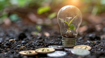 Creative investment concept with a plant sprouting inside a light bulb, sitting on savings coins, [plant in light bulb, savings coins], [creative investment solutions]