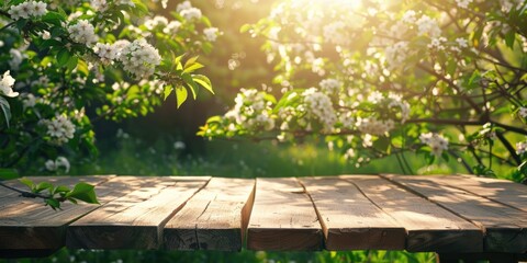 A wooden table in a peaceful garden setting, perfect for outdoor dining or gatherings