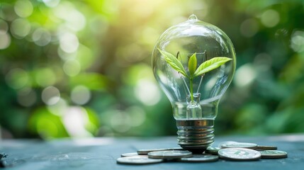 Fototapeta premium Creative investment concept with a plant sprouting inside a light bulb, sitting on savings coins, [plant in light bulb, savings coins], [creative investment solutions]