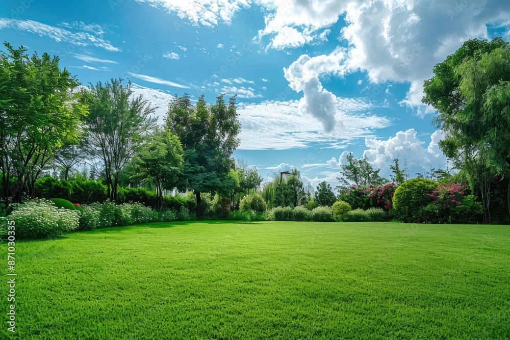 Poster a serene landscape featuring a green field and trees in the background, ideal for use in nature-insp