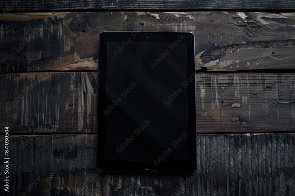 Poster A tablet computer placed on a wooden table, suitable for use in various settings such as offices or homes