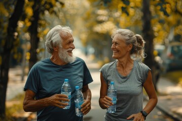 Senior Couple Enjoying a Walk and Hydrating. Elderly couple smiling and chatting while holding water bottles during a walk in a tree-lined park.