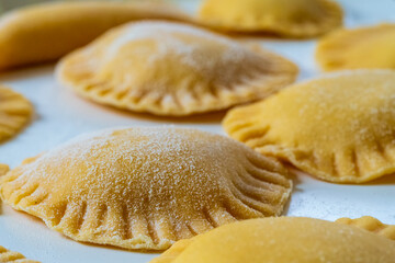Hand made Ravioli noodles in close up view with soft bokeh background