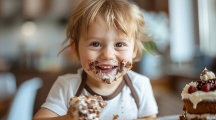 Happy Toddler with Cake Mess on Face. Adorable toddler with cake and frosting smeared on face, smiling joyfully at the camera in a cozy kitchen.