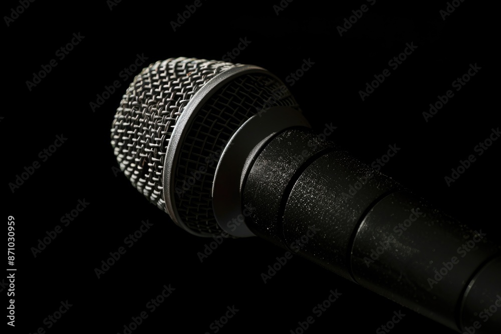 Poster close-up shot of a microphone against a dark background