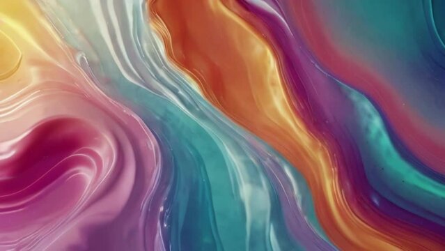 Trendy holo light loop video. 3D gradient holographic watercolor background created with foil liquid. White fluid floats while rotating the looped background. Floating motion graphics abstract style