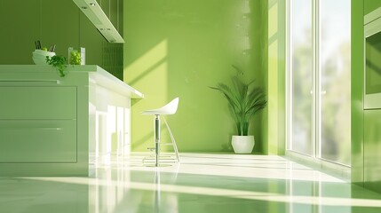 green modern kitchen with green walls, wooden floor and white countertop