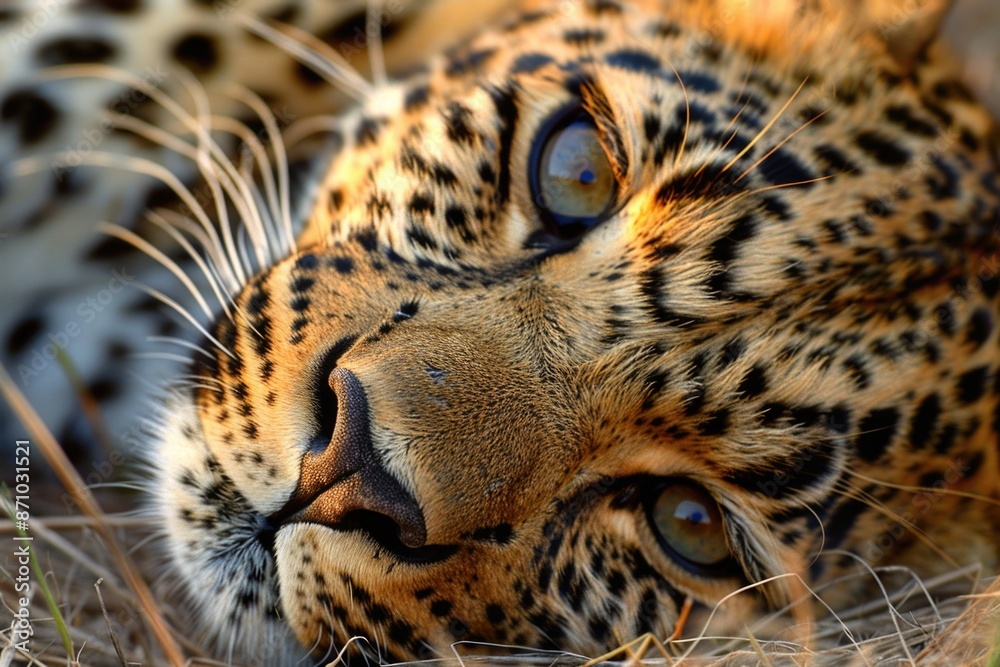 Wall mural A close-up view of a leopard's face and body as it lies on the ground