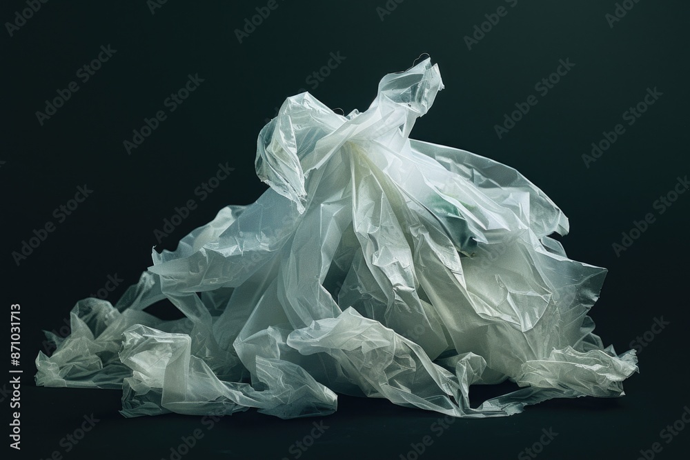 Poster A collection of plastic bags stacked on a table, ideal for use in scenes related to waste management or environmental concerns