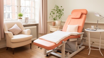 A tan chair sits in front of a tan wall with a white curtain. A tan and orange massage chair is in the room with a white blanket on it. A potted plant sits on a table in the room