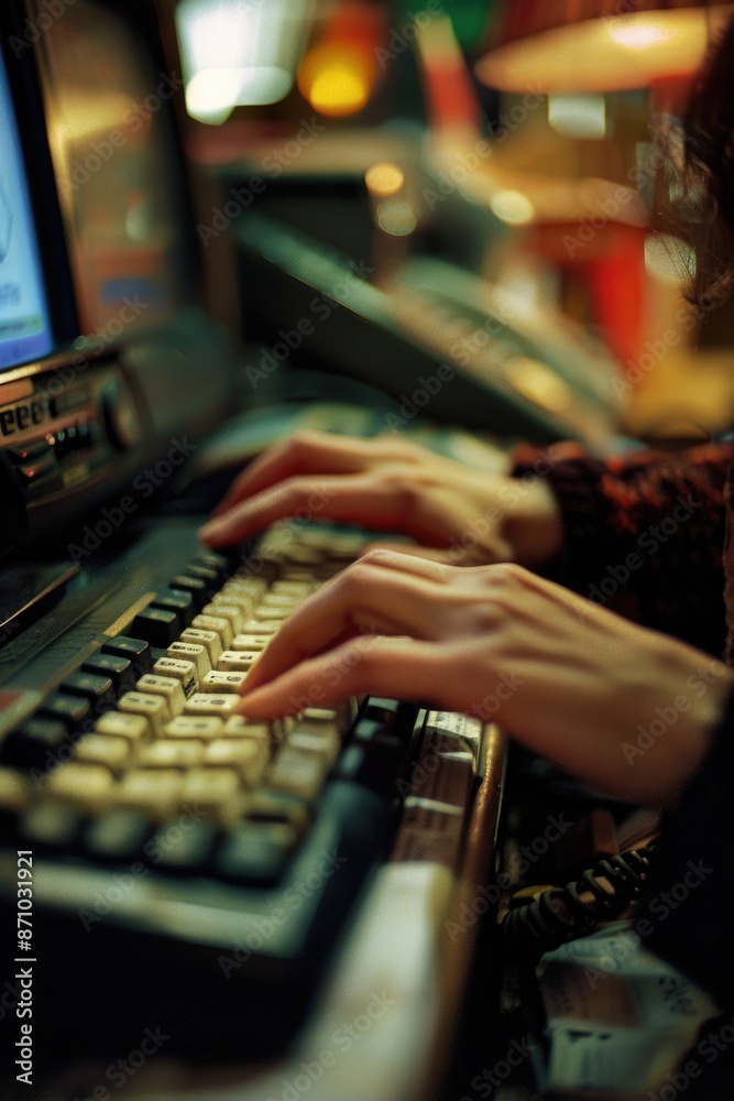 Poster close-up view of a person working on their laptop, focused on typing