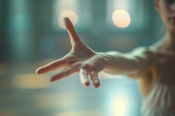 A closeup photo of a young womans hand, gracefully extended towards the viewer, while dancing alone in a well-lit space