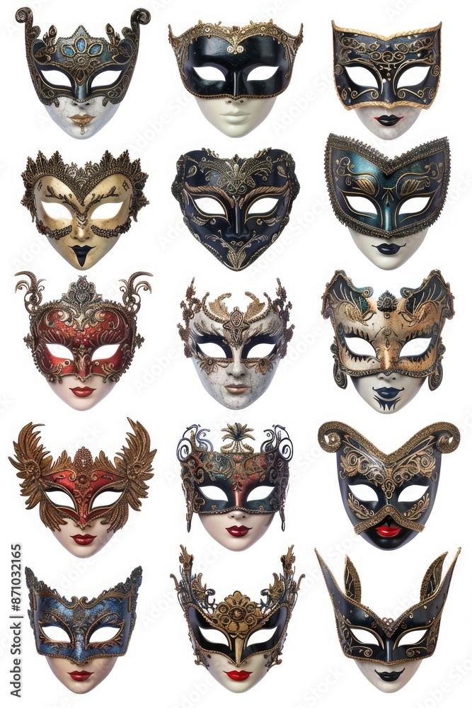 Poster various colorful masks displayed on a plain white background