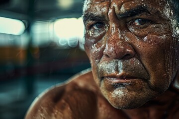 Close-up of a sweaty middle-aged Hispanic man after a boxing workout, with a determined expression showing his grit and experience as a fighter