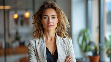 Fototapeta premium A confident female professional with a strong expression stands with crossed arms in a light-filled office, exemplifying readiness to excel in her career.