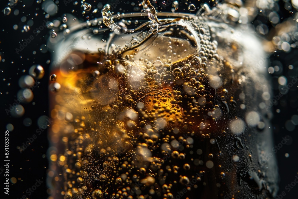 Poster a close-up shot of a glass filled with fizzy soda, perfect for advertising or use in editorial conte